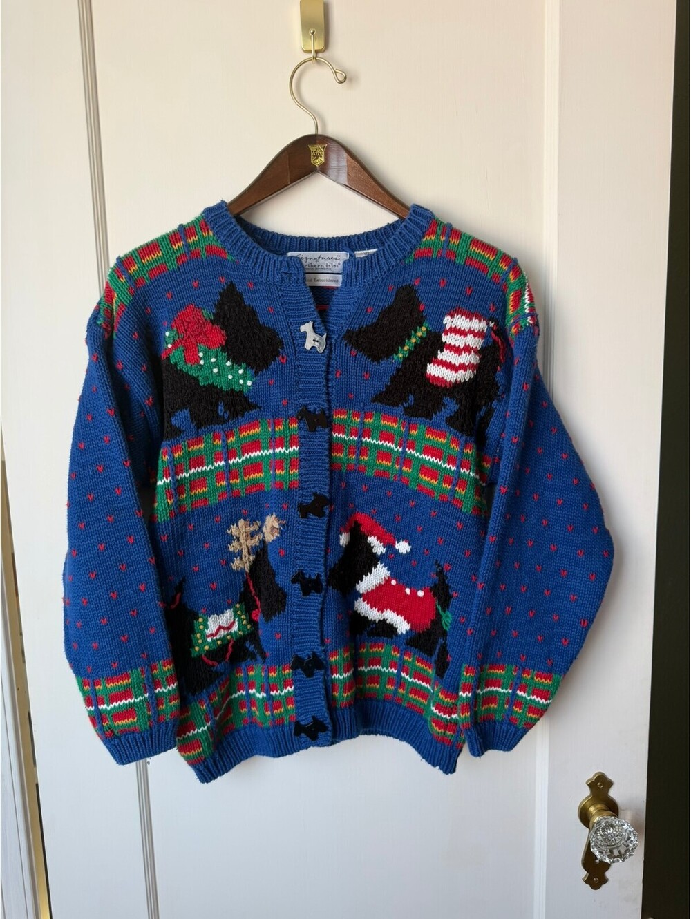 Vintage 90s Signatures Northern Isles Scottie Dog Christmas Cardigan Sweater L